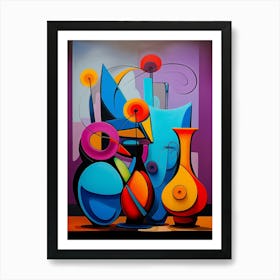 Still Life VI, Avant Garde Abstract Vibrant Painting in Cubism Picasso Style Art Print