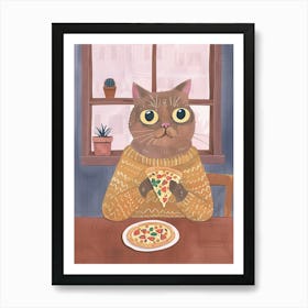 Brown Cat Pizza Lover Folk Illustration 3 Art Print