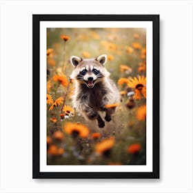 Cute Funny Barbados Raccoon Running On A Field Wild 4 Art Print