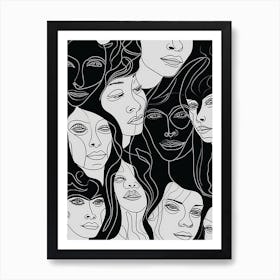 Faces In Black And White Line Art 8 Art Print