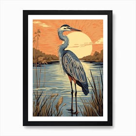 Vintage Bird Linocut Great Blue Heron 6 Art Print