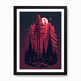 A Fantasy Forest At Night In Red Theme 82 Art Print