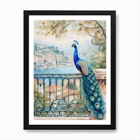 Watercolour Peacock On An Iron Balcony 2 Art Print