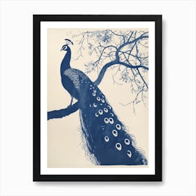 Navy & Cream Peacock On A Tree 2 Poster