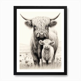 Black & White Illustration Of Highland Cow With Calf 2 Art Print
