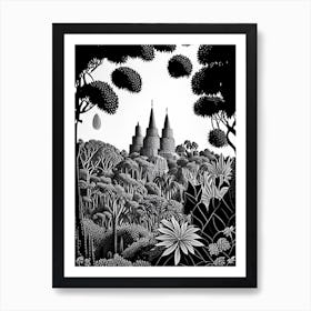 Park Güell, Spain Linocut Black And White Vintage Art Print