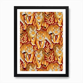 The Hunt Golden Orange Tigers On Red Art Print