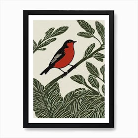 European Robin Linocut Bird Art Print