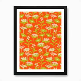 GARDEN MEADOW Floral Botanical Flowers Wildflowers in Summer Green Blush on Coral Orange Art Print