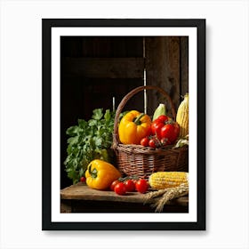 Assorted Vegetables And Fruits From A Fresh Farm Harvest Arranged In A Rustic Wicker Basket Overfl (1) Art Print