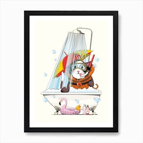 Cat In Shower Art Print