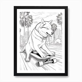 Siberian Husky Dog Skateboarding Line Art 3 Art Print