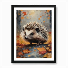 Cottagecore Hedgehog in Autumn - Acrylic Paint Fall Hedgehog with Falling Leaves at Night, Perfect for Witchcore Cottage Core Pagan Tarot Celestial Zodiac Gallery Feature Wall Beautiful Woodland Creatures Series HD 1 Art Print