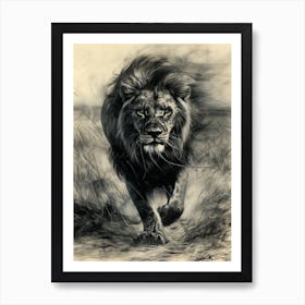 African Lion Charcoal Drawing Hunting 2 Art Print