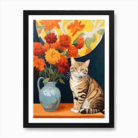 Marigold Flower Vase And A Cat, A Painting In The Style Of Matisse 6 Art Print