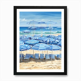 Blue Umbrellas On The Beach Art Print