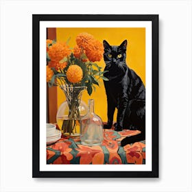 Marigold Flower Vase And A Cat, A Painting In The Style Of Matisse 1 Art Print