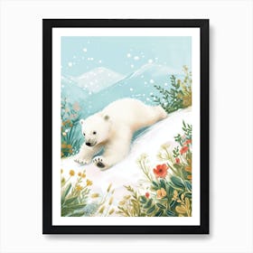 Polar Bear Cub Sliding Down A Snowy Hill Storybook Illustration 3 Art Print