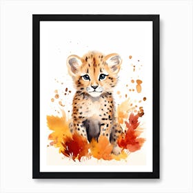 A Cheetah Watercolour In Autumn Colours 1 Art Print