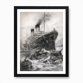 Titanic Sinking Ship Charcoal Illustration 1 Art Print