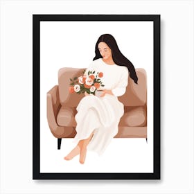 Woman Sitting On Couch With Flowers Art Print