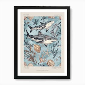 Pastel Blue Blacktip Reef Shark Watercolour Seascape Pattern 1 Poster Art Print