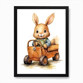 Rabbit Bunny On A Toy Car, Watercolour Nursery 0 Art Print