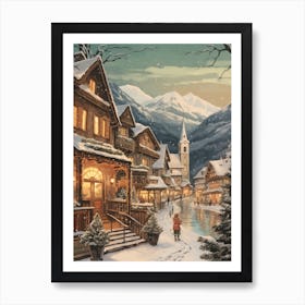 Vintage Winter Illustration Hallstatt Austria 3 Art Print