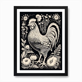 B&W Bird Linocut Chicken 1 Art Print