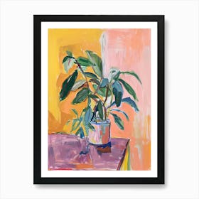 Still Life Of A Potted Plant On A Mauve Table Against Yellow Background Art Print
