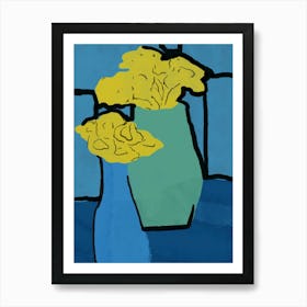 Yellow Flowers In Blue Vase Art Print