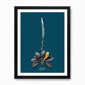 Vintage Blazing Star Black and White Gold Leaf Floral Art on Teal Blue n.1000 Art Print