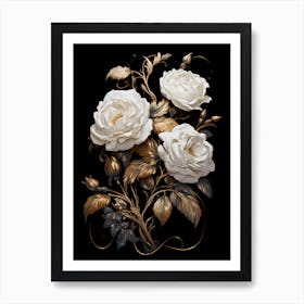 White Roses On Black Background 1 Art Print