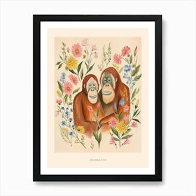 Folksy Floral Animal Drawing Orangutan 4 Poster Art Print