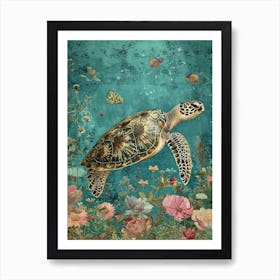 Sea Turtle In The Ocean With Flowers Collage Art Print