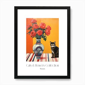 Cats & Flowers Collection Rose Flower Vase And A Cat, A Painting In The Style Of Matisse 9 Art Print