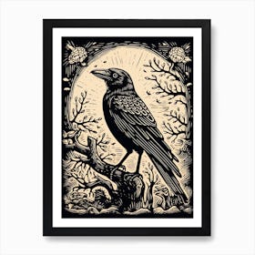 B&W Bird Linocut Crow 3 Art Print