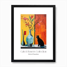 Cats & Flowers Collection Bird Of Paradise Flower Vase And A Cat, A Painting In The Style Of Matisse 1 Art Print