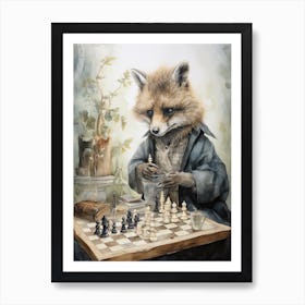 Fox Art Playing Chess Watercolour 1 Art Print