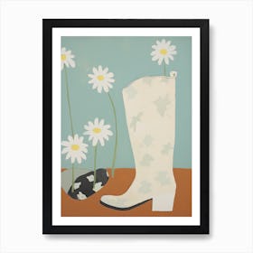 A Painting Of Cowboy Boots With Daisies Flowers, Pop Art Style 9 Art Print