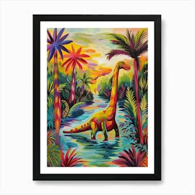Dinosaur By The River Landscape Painting 1 Art Print