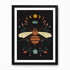 Bee with Moon Phases Scandinavian Folk Art Print