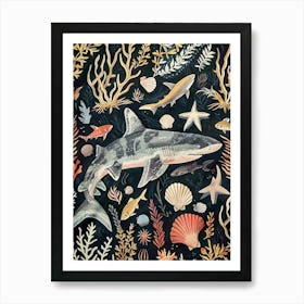 Carpet Shark Seascape Black Background Illustration 2 Art Print