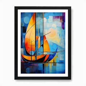 Sailing Boat at Sunset VI, Vibrant Colorful Painting in Cubism Picasso Style Art Print