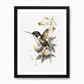Hummingbird In Rain Vintage Gold & Black Art Print