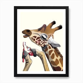 Giraffe Brushing Teeth Art Print