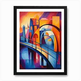 Bridges at Sunset II, Colorful Abstract Painting in Picasso Cubism Style Art Print