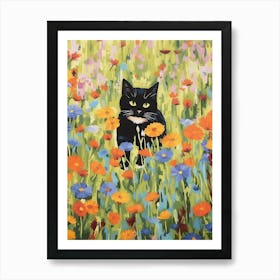 A Black Cat Painting In A Field Of Flowers Art Print