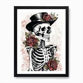 Floral Skeleton With Hat Ink Painting (51) Art Print