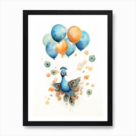 Peacock Flying With Autumn Fall Pumpkins And Balloons Watercolour Nursery 3 Art Print